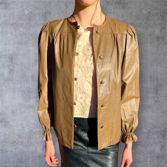 Vintage Porscha By Winter Collarless Ruffle Cuffs Minimalist Leather Jacket - Picture 5 of 8